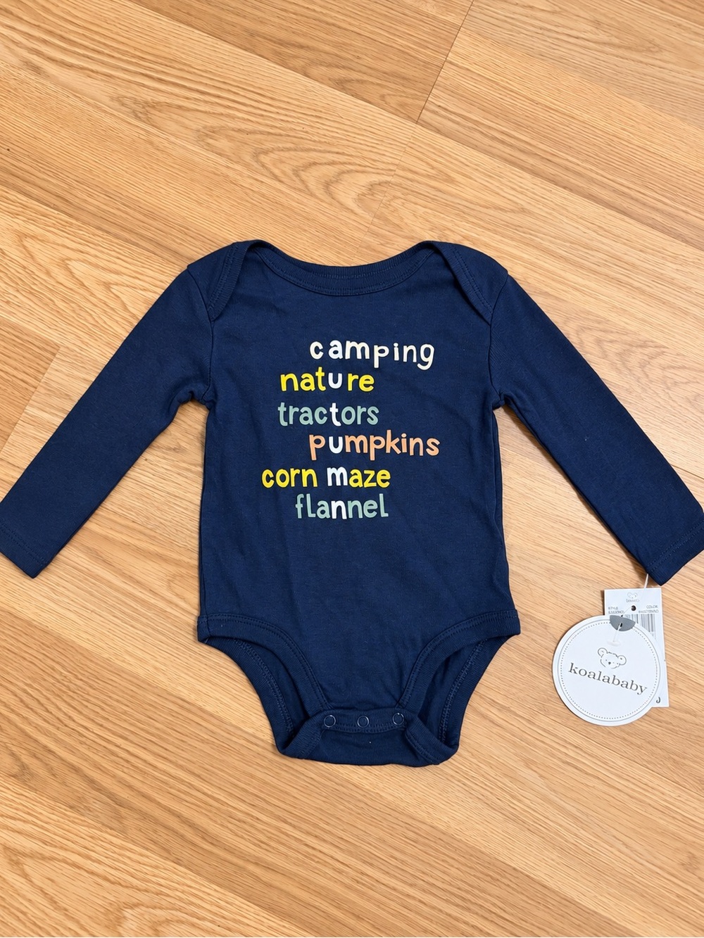 Koala Kids Navy Long-Sleeve Bodysuit with Colorful Fall Text